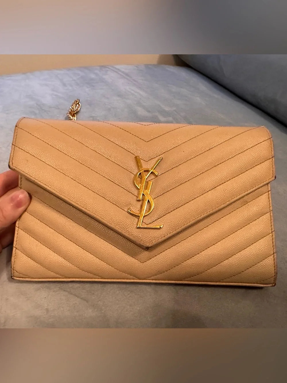 Saint Laurent Cassandre Taupe Matelassé Leather Chain Wallet